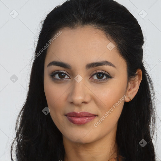 Joyful latino young-adult female with long  brown hair and brown eyes