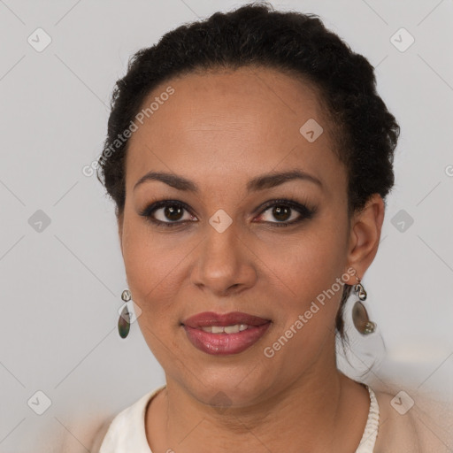 Joyful latino young-adult female with short  black hair and brown eyes