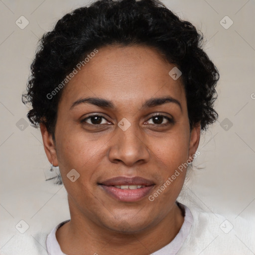 Joyful latino adult female with short  brown hair and brown eyes