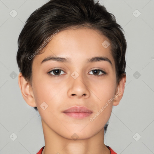 Neutral white young-adult female with short  brown hair and brown eyes