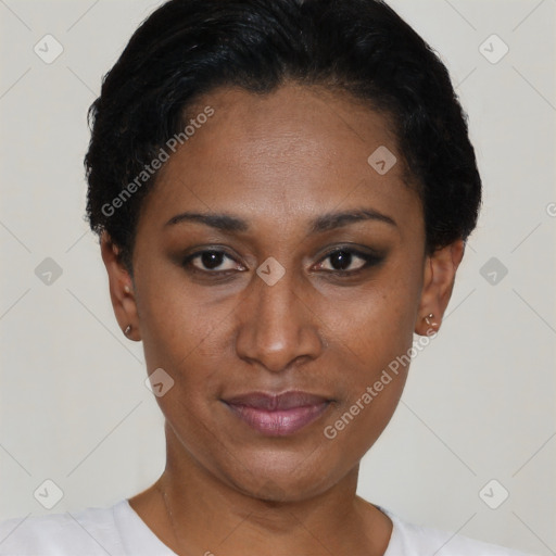 Joyful latino young-adult female with short  black hair and brown eyes