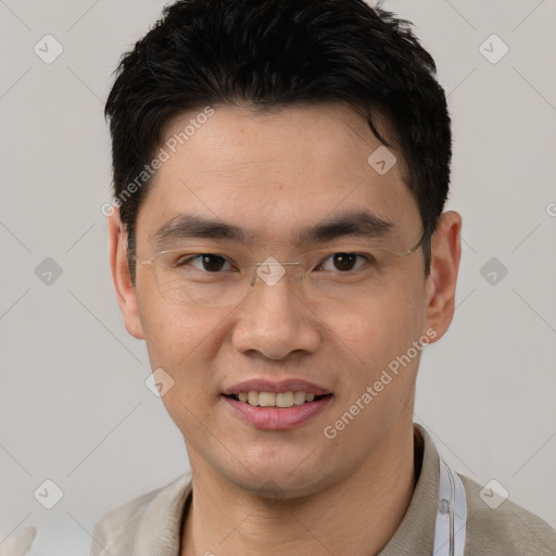 Joyful white young-adult male with short  black hair and brown eyes