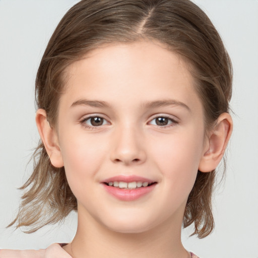 Joyful white child female with medium  brown hair and brown eyes