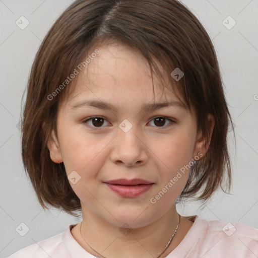 Joyful white child female with medium  brown hair and brown eyes