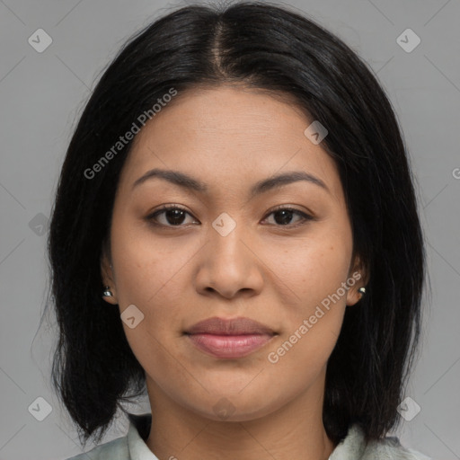 Joyful asian young-adult female with medium  brown hair and brown eyes