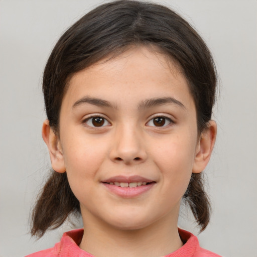 Joyful white child female with medium  brown hair and brown eyes