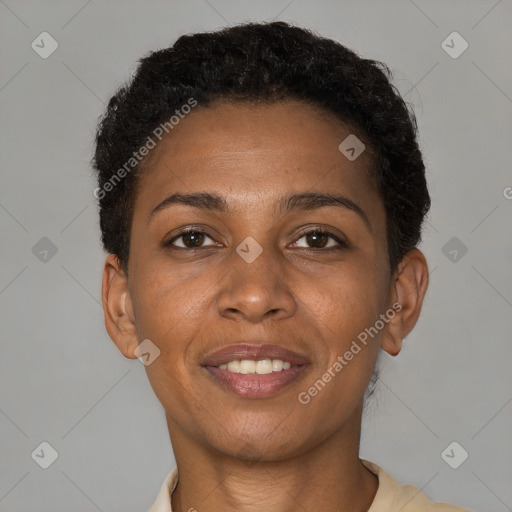 Joyful latino young-adult female with short  brown hair and brown eyes