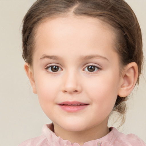 Joyful white child female with medium  brown hair and brown eyes