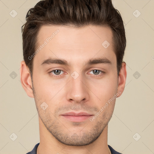 Neutral white young-adult male with short  brown hair and brown eyes