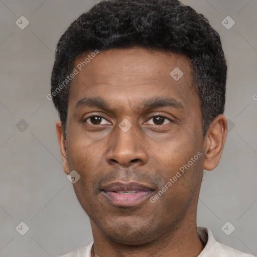 Neutral black adult male with short  black hair and brown eyes