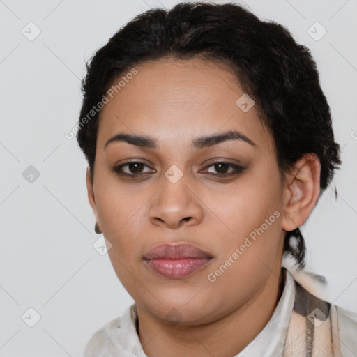 Neutral white young-adult female with short  brown hair and brown eyes