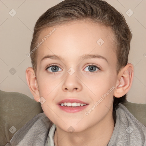 Joyful white child female with medium  brown hair and brown eyes