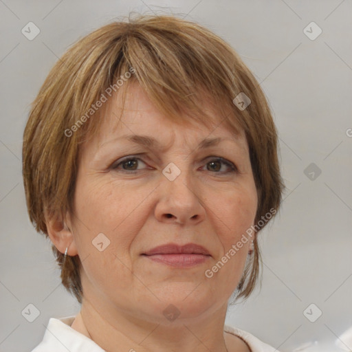 Joyful white adult female with medium  brown hair and brown eyes