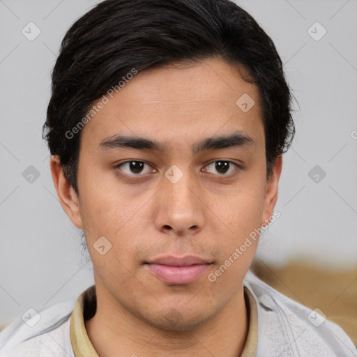 Neutral asian young-adult male with short  brown hair and brown eyes