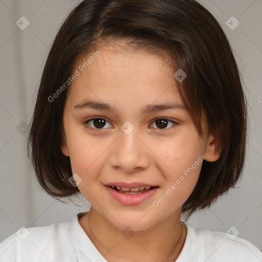 Joyful white child female with medium  brown hair and brown eyes