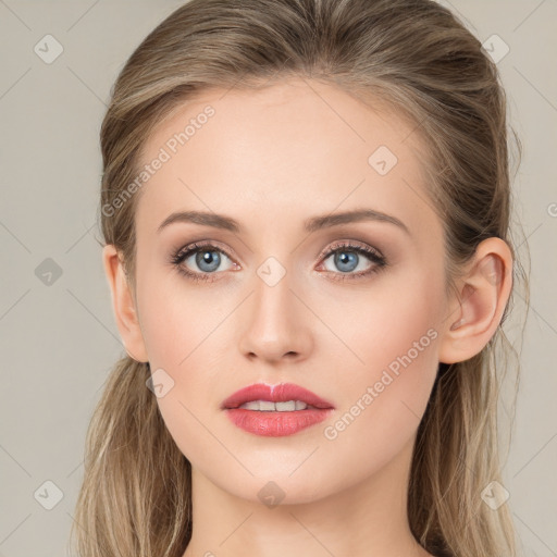 Neutral white young-adult female with long  brown hair and grey eyes