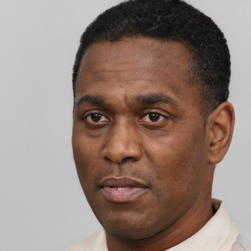 Neutral black adult male with short  black hair and brown eyes