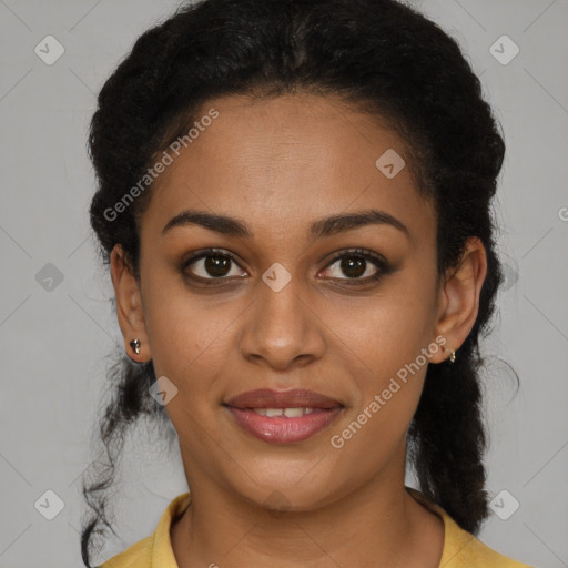 Joyful latino young-adult female with short  brown hair and brown eyes