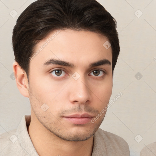 Neutral white young-adult male with short  brown hair and brown eyes
