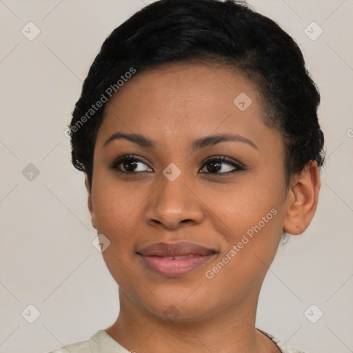 Joyful asian young-adult female with short  black hair and brown eyes