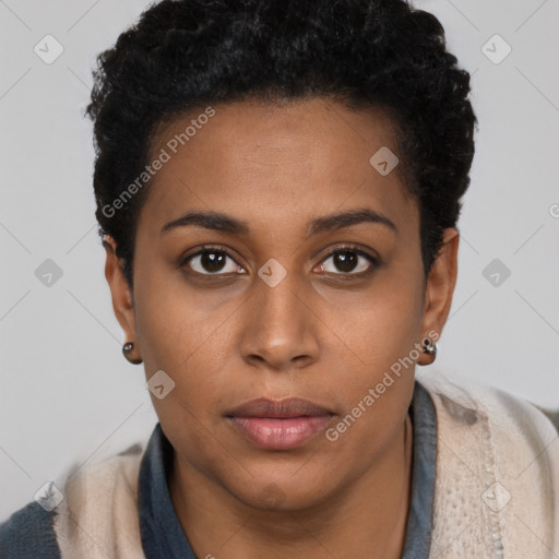 Neutral black young-adult female with short  black hair and brown eyes