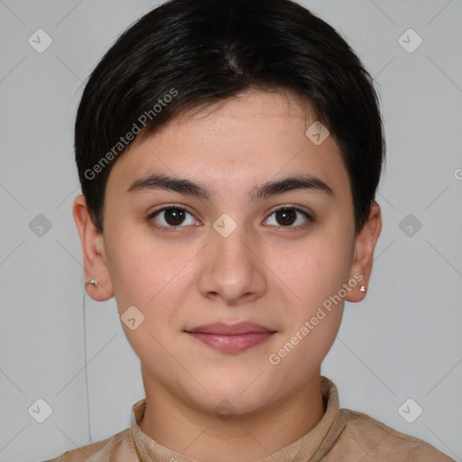 Joyful white young-adult female with short  brown hair and brown eyes