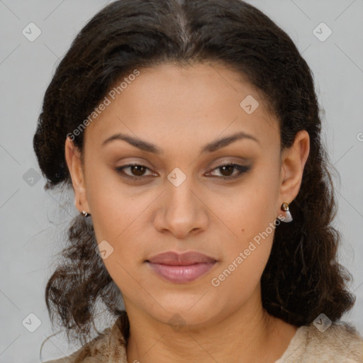 Joyful latino young-adult female with medium  brown hair and brown eyes