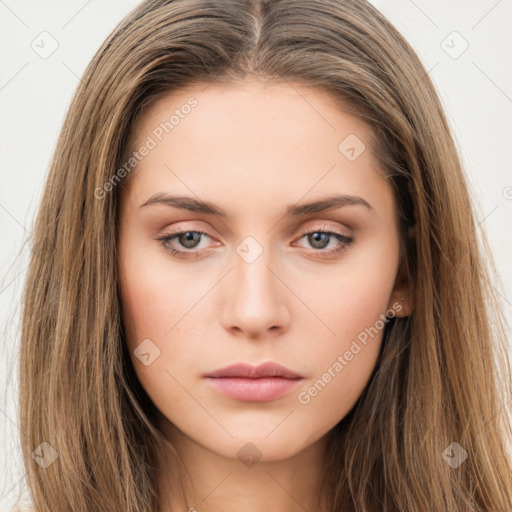 Neutral white young-adult female with long  brown hair and brown eyes