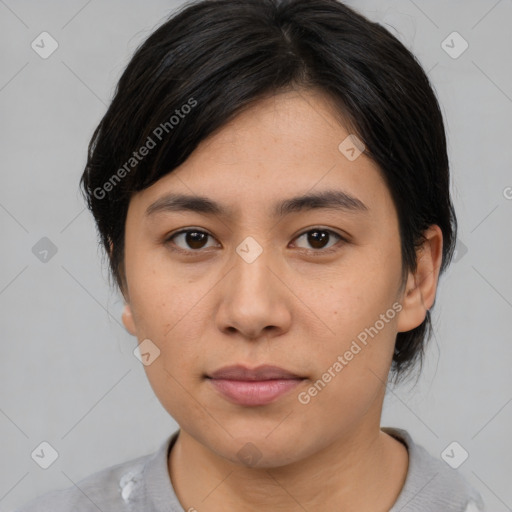 Neutral asian young-adult female with medium  brown hair and brown eyes