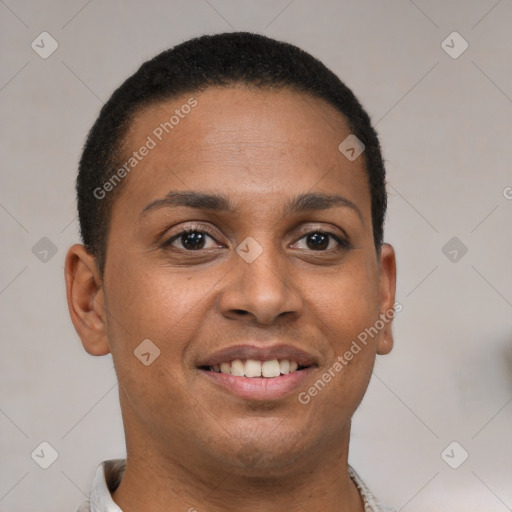 Joyful black young-adult female with short  brown hair and brown eyes