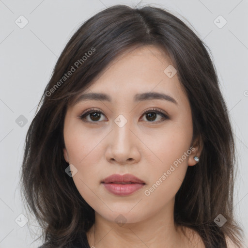 Neutral asian young-adult female with long  brown hair and brown eyes