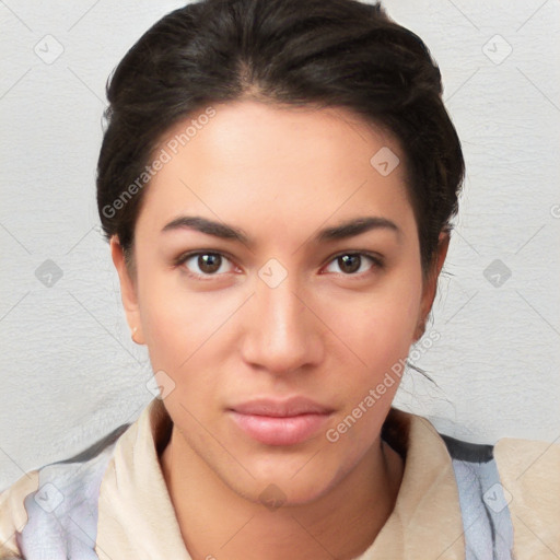 Neutral white young-adult female with medium  brown hair and brown eyes