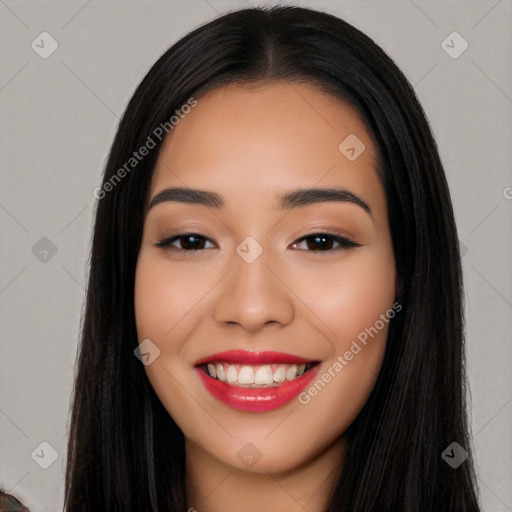 Joyful white young-adult female with long  black hair and brown eyes