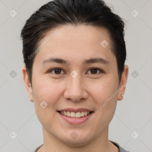 Joyful white young-adult female with short  brown hair and brown eyes