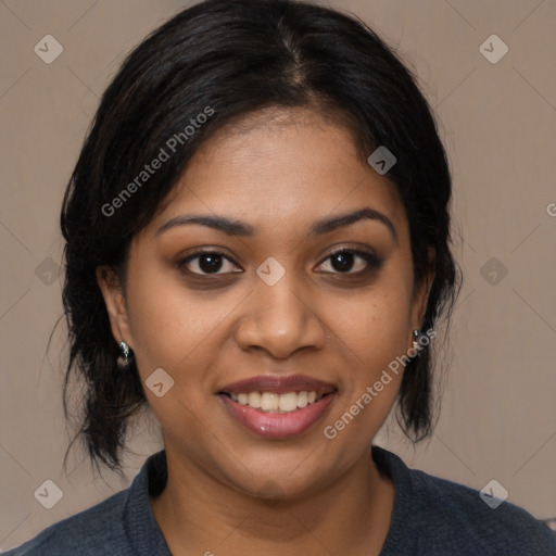 Joyful black young-adult female with medium  black hair and brown eyes