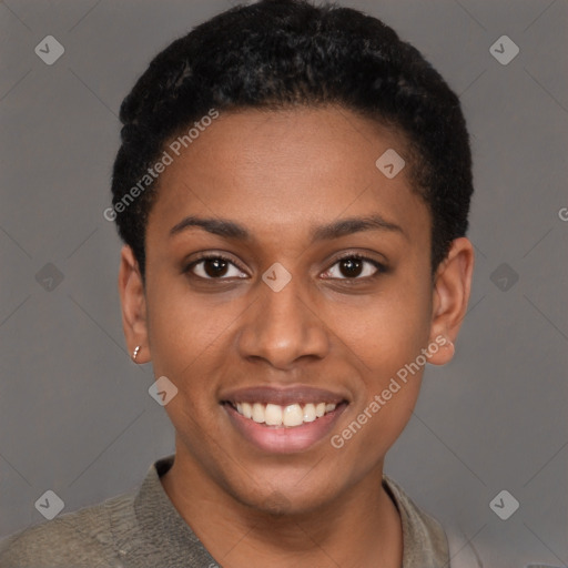 Joyful latino young-adult female with short  black hair and brown eyes