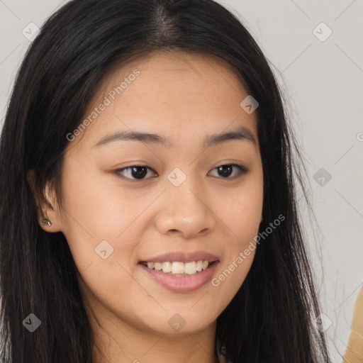 Joyful white young-adult female with long  brown hair and brown eyes