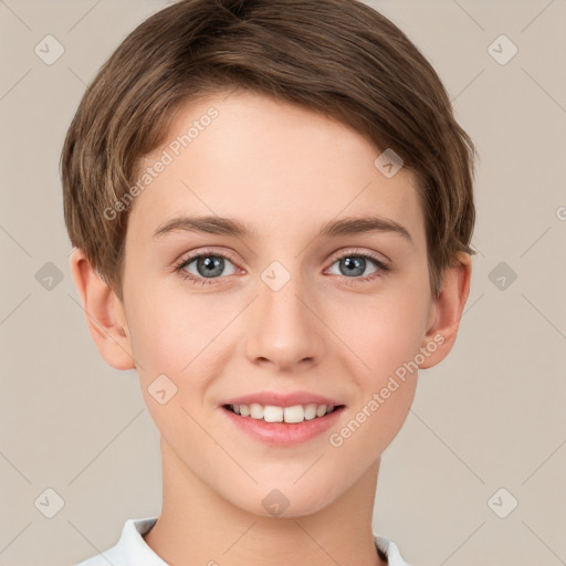 Joyful white young-adult female with short  brown hair and grey eyes