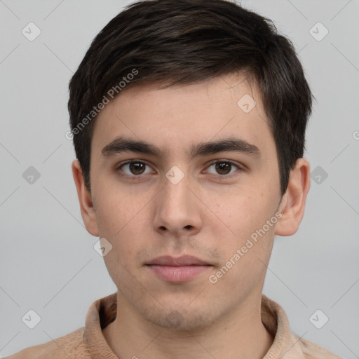 Neutral white young-adult male with short  brown hair and brown eyes