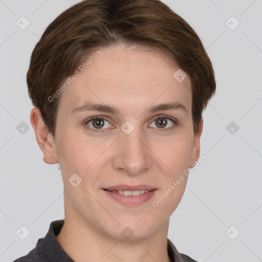 Joyful white young-adult female with short  brown hair and grey eyes