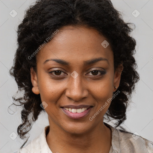 Joyful black young-adult female with medium  brown hair and brown eyes