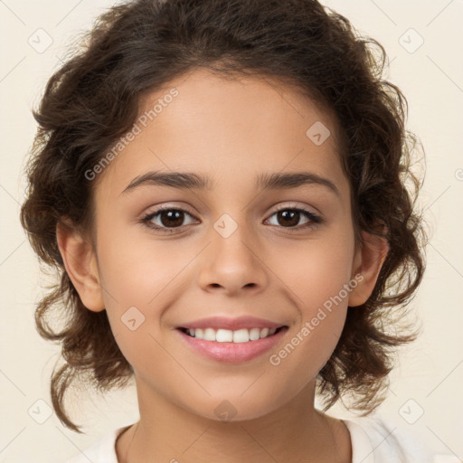 Joyful white child female with medium  brown hair and brown eyes