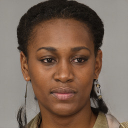 Neutral black young-adult female with short  brown hair and brown eyes