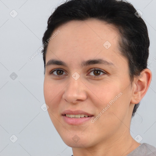 Joyful white young-adult female with short  brown hair and brown eyes