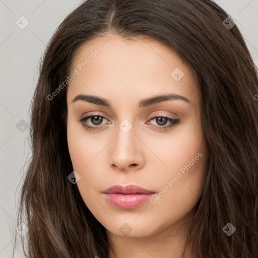 Neutral white young-adult female with long  brown hair and brown eyes