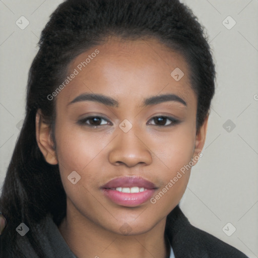 Joyful latino young-adult female with short  brown hair and brown eyes