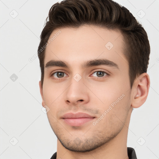 Neutral white young-adult male with short  brown hair and brown eyes