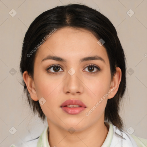 Neutral white young-adult female with medium  brown hair and brown eyes