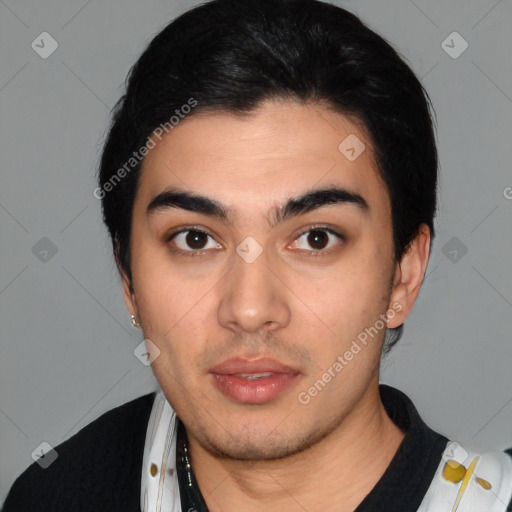 Neutral latino young-adult male with short  black hair and brown eyes