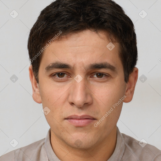 Neutral white young-adult male with short  brown hair and brown eyes